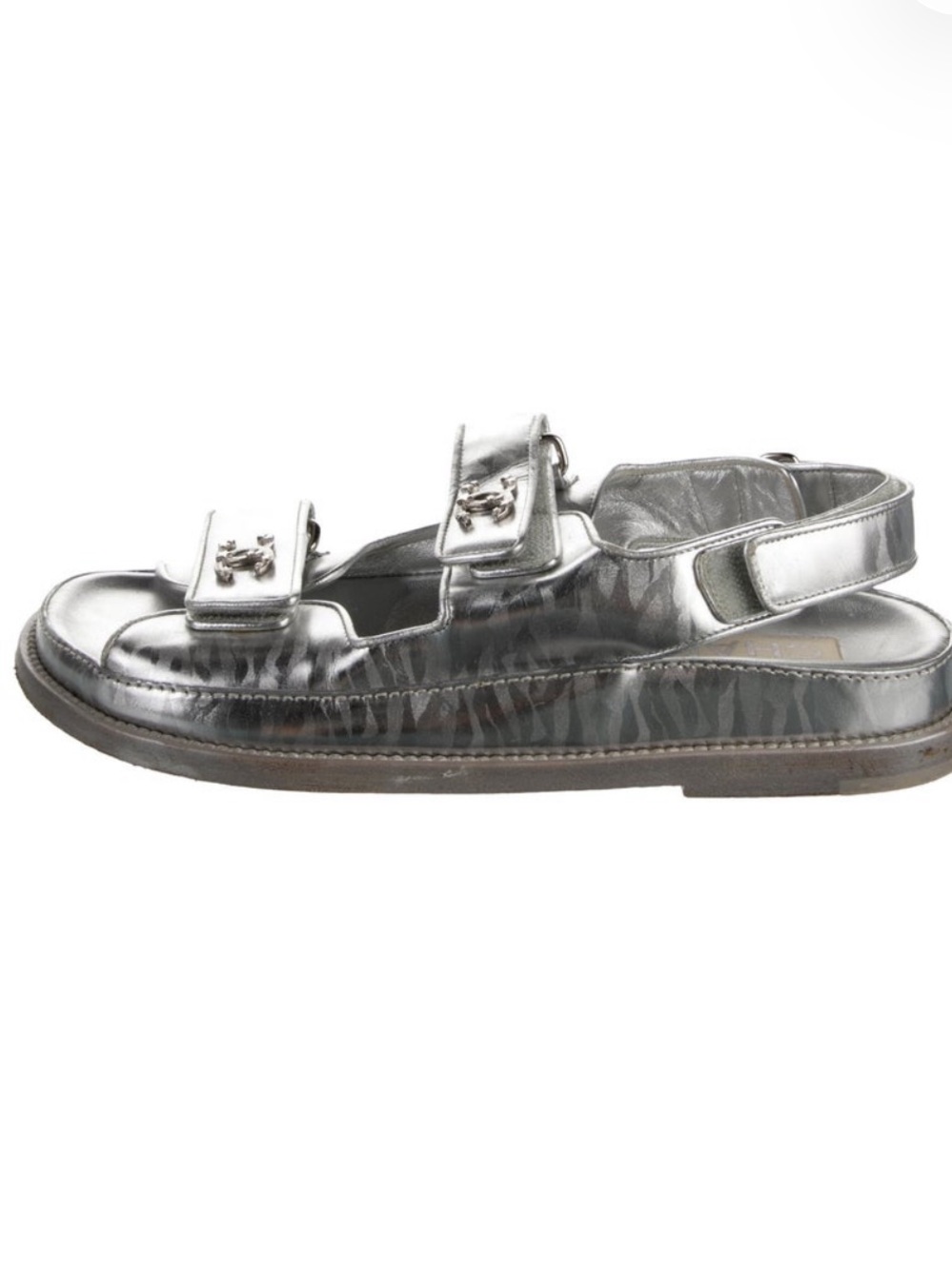 CHANEL Metallic Silver CC Buckle Slingback Sandals
